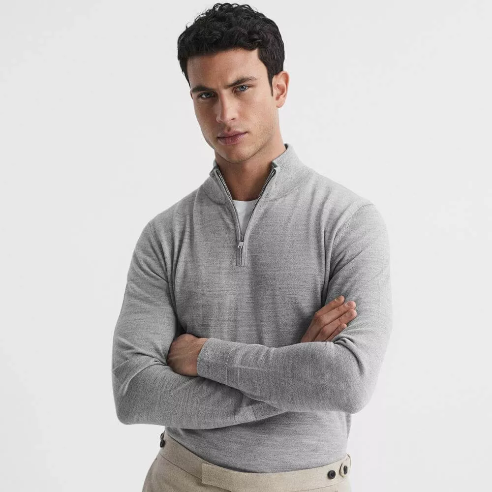 REISS BLACKHALL Merino Wool Zip Neck Ribbed Jumper
